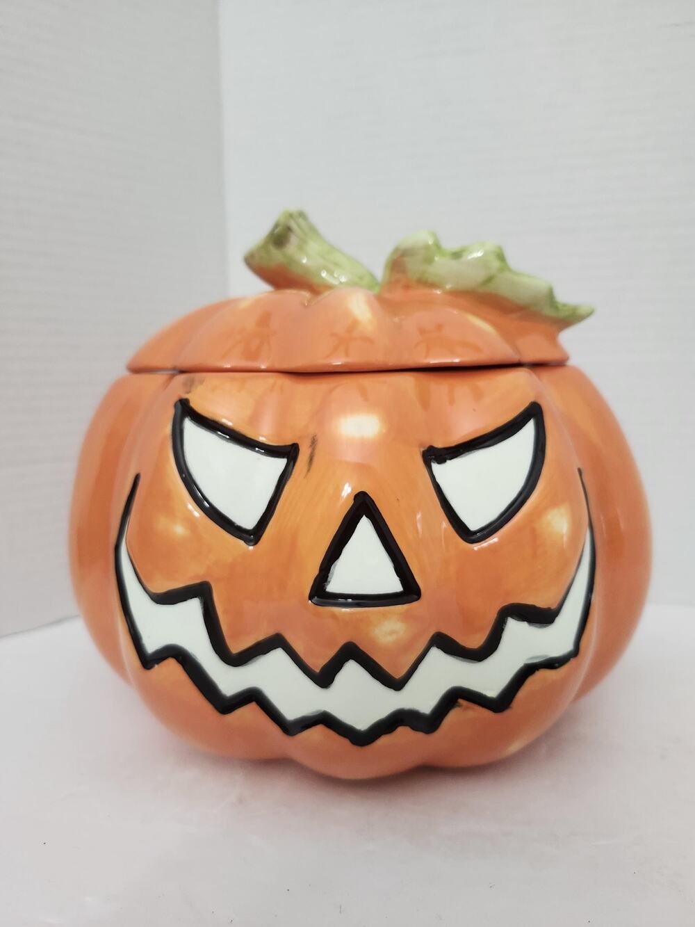David's Cookies Halloween Pumpkin Ceramic Cookie Jar Jack O Lantern 2 Sided